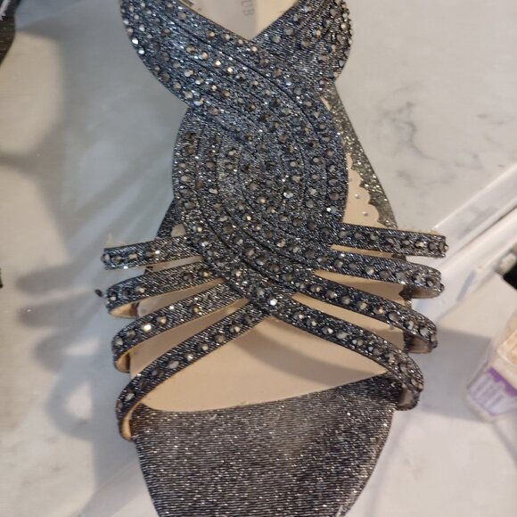A satin and shimmering rhinestones embellished strappy wedge silhouette sandal - Picture 5 of 5